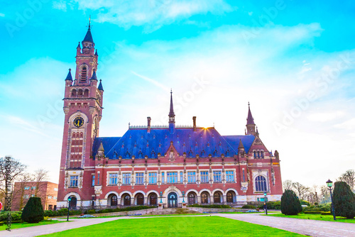 Peace Palace in Hague, Netherlands during sunset photo