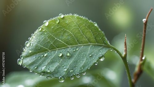 A close up of a green leaf with water droplets on it