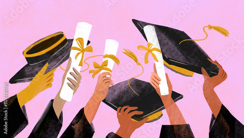 Illustration of hands holding diplomas and graduation caps against a pink background