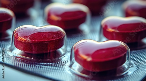 Heart-shaped red pills in blister pack for health and medicine concepts. The 14th of February. Happy Valentine's Day