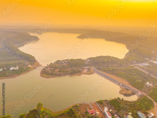 Aerial view of Bien Ho Che or Bien Ho tea fields, outside Pleiku city, Gia Lai province, Vietnam. Nature landscape, mountain and foggy far away. photo
