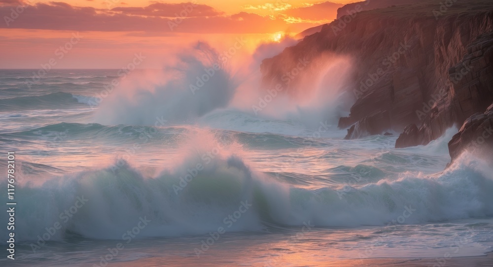Fototapeta premium Dramatic Sunset Waves Crashing on Rocky Cliffs