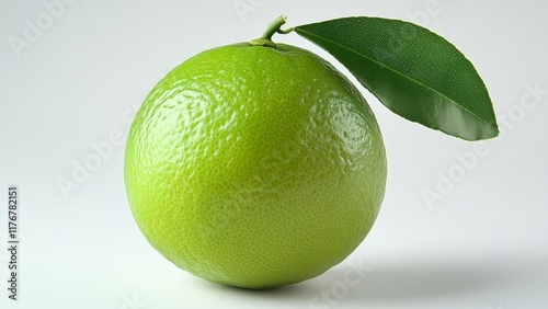 Fresh green lime with a vibrant leaf on a white background