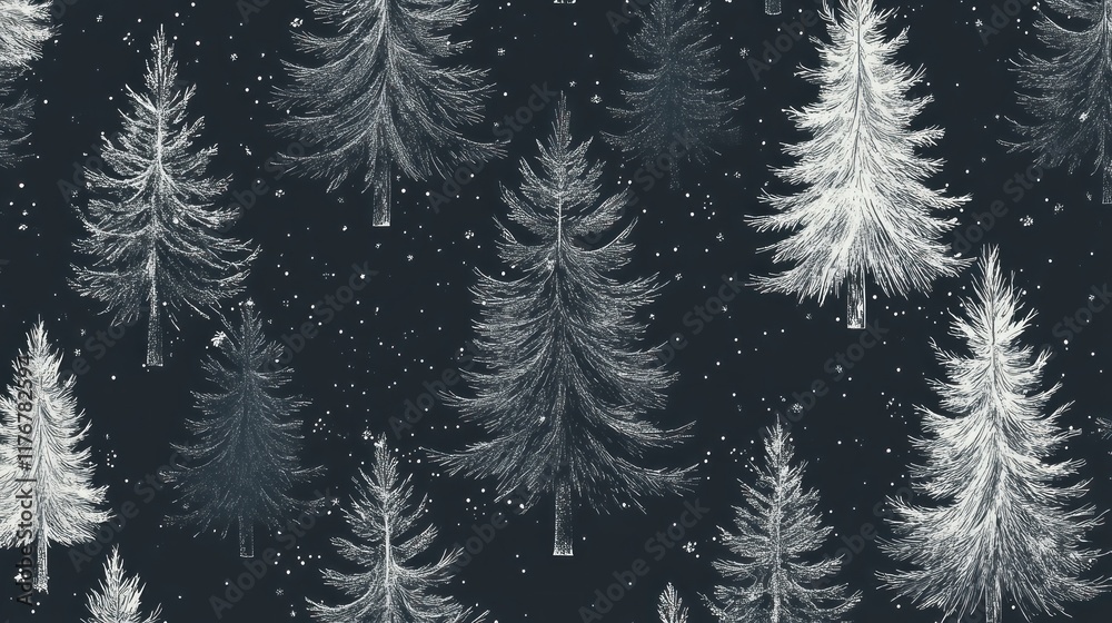 Obraz premium Seamless pattern of hand-drawn winter trees on dark background.