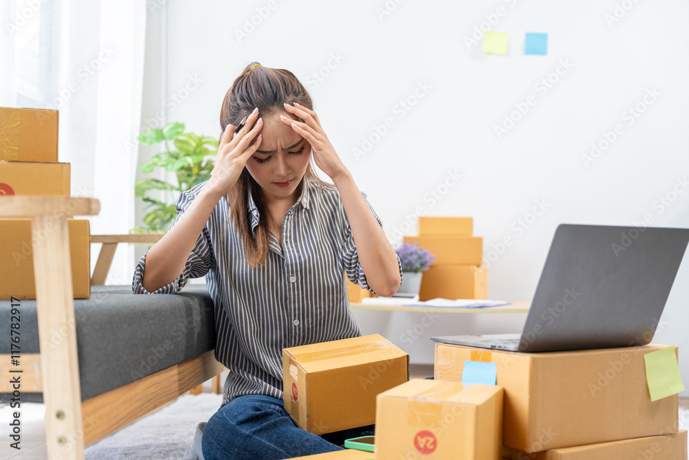 The weight of responsibility: A young entrepreneur sits amidst a mountain of cardboard boxes, her hands on her head, overwhelmed by the demands of her burgeoning business. The weight of responsibility: A young entrepreneur sits amidst a mountain of cardboard boxes, her hands on her head, overwhelmed by the demands of her burgeoning business.