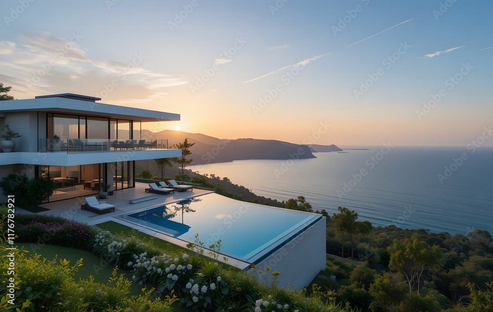 Fototapeta premium Perched on a hilltop with a wide-angle view of sparkling coastline and lush greenery, modern luxury villa with a swimming pool exudes opulence and tranquility, especially during golden hues of a sunse