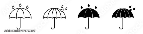 Waterproof icon set. Water resistant, liquid protection symbol. Editable stroke. Vector illustation. 