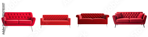 Collection of luxurious red velvet sofas and armchairs in a contemporary elegant living room setting  The tufted plush upholstery and sleek photo