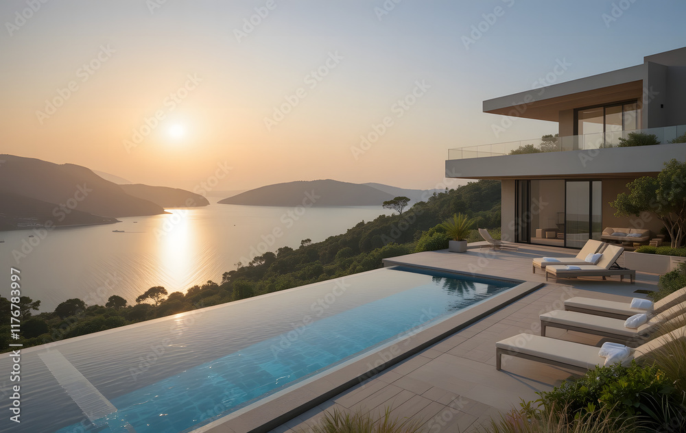 Perched on a hilltop with a wide-angle view of sparkling coastline and lush greenery, modern luxury villa with a swimming pool exudes opulence and tranquility, especially during golden hues of a sunse Perched on a hilltop with a wide-angle view of sparkling coastline and lush greenery, modern luxury villa with a swimming pool exudes opulence and tranquility, especially during golden hues of a sunse
