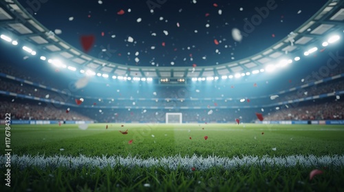 Football stadium background with flying confetti