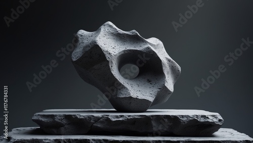 Textured Stone Sculpture on Rough Platform Dark Background photo