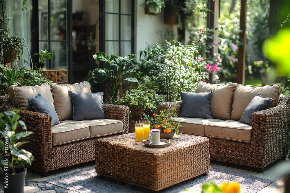 Fototapeta premium Outdoor four-piece furniture set with armchairs, coffee table, and cushions, surrounded by a garden with plants and flowers, under the sunlight in front of an urban house patio.