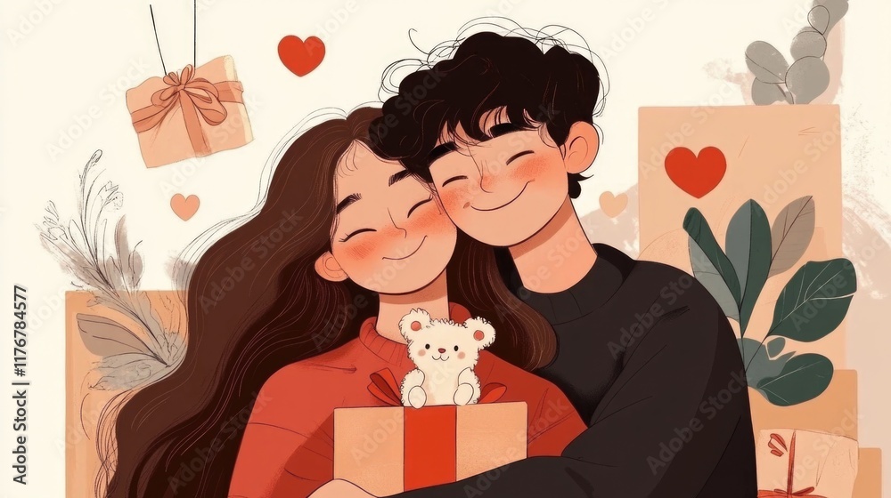 Young couple embracing with gift and hearts in romantic illustration. The 14th of February. Happy Valentine's Day Young couple embracing with gift and hearts in romantic illustration. The 14th of February. Happy Valentine's Day