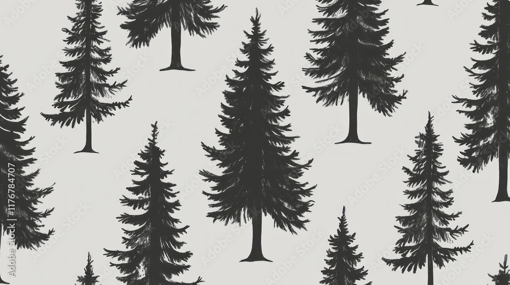 Obraz premium Seamless pattern of hand-drawn dark evergreen trees on a light gray background.