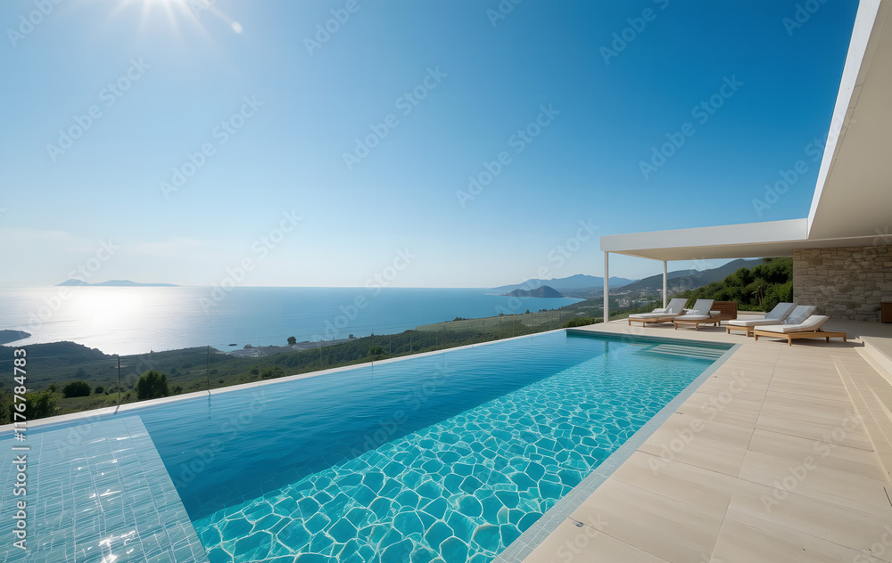 Fototapeta premium Perched on a hilltop with a wide-angle view of sparkling Mediterranean sea, this luxury villa boasts a spacious interior with modern furnishings and a sun-drenched outdoor area featuring a big swimmin