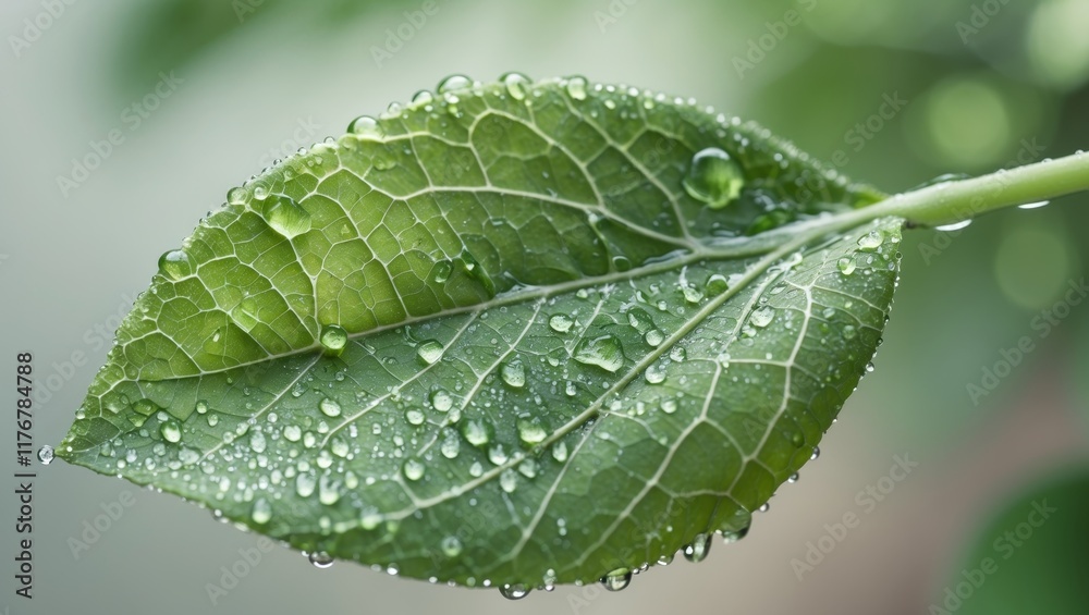 A close up of a green leaf with water droplets on it A close up of a green leaf with water droplets on it