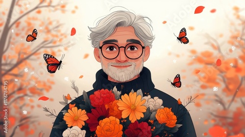 Elderly caucasian man with glasses and gray hair holding colorful flowers with butterflies. Grandfathers' Day. The 14th of February. Happy Valentine's Day photo