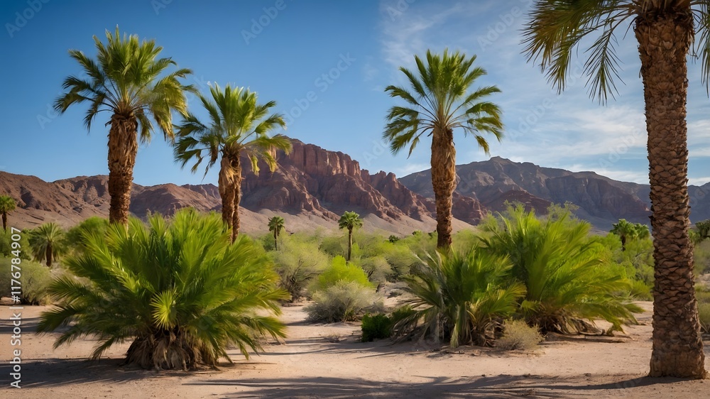 Natural Spring Oasis: Livistona Palms Growing Amidst the Arid Desert Sands Natural Spring Oasis: Livistona Palms Growing Amidst the Arid Desert Sands