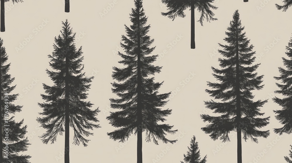 Fototapeta premium Seamless pattern of dark evergreen trees on beige background.