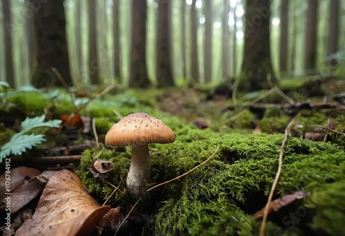 A close-up photo of a small mushroom in the forest surrounded by greenery photo