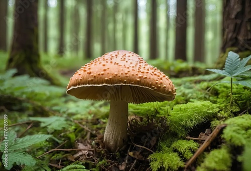 A close-up photo of a small mushroom in the forest surrounded by greenery photo