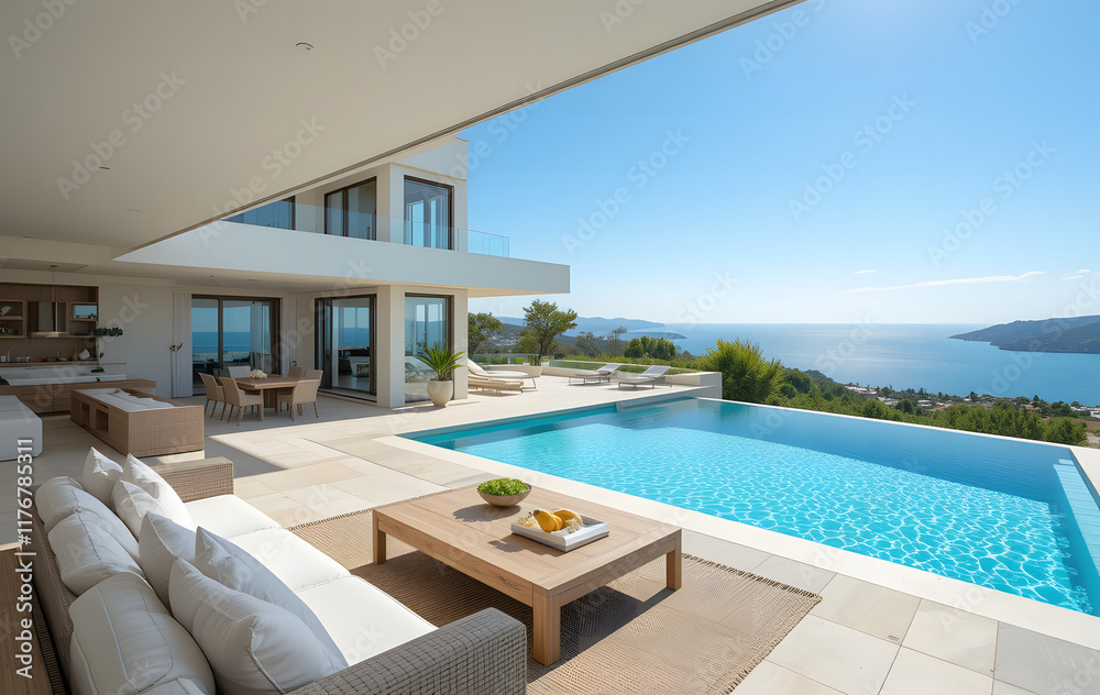 Fototapeta premium Perched on a hilltop with a wide-angle view of sparkling Mediterranean sea, this luxury villa boasts a spacious interior with modern furnishings and a sun-drenched outdoor area featuring a big swimmin
