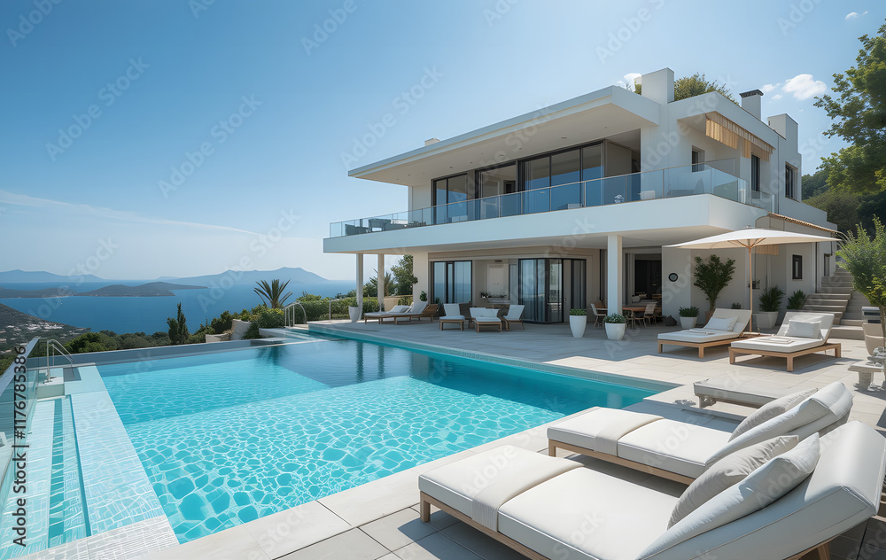 Fototapeta premium Perched on a hilltop with a wide-angle view of sparkling Mediterranean sea, this luxury villa boasts a spacious interior with modern furnishings and a sun-drenched outdoor area featuring a big swimmin