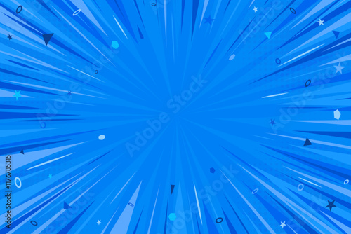 Blue comic book background. Modern creative pop art orange halftone style background with stars, triangles and decorative circles