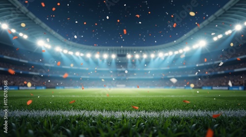 Football stadium background with flying confetti