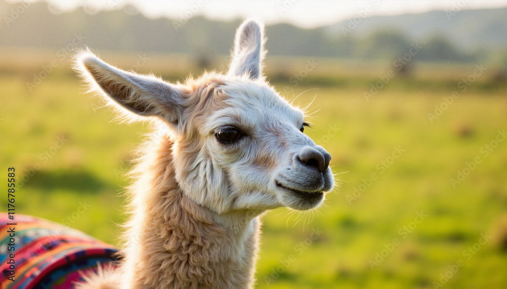 Obraz premium Llama enjoying afternoon sunlight in serene field, peaceful nature