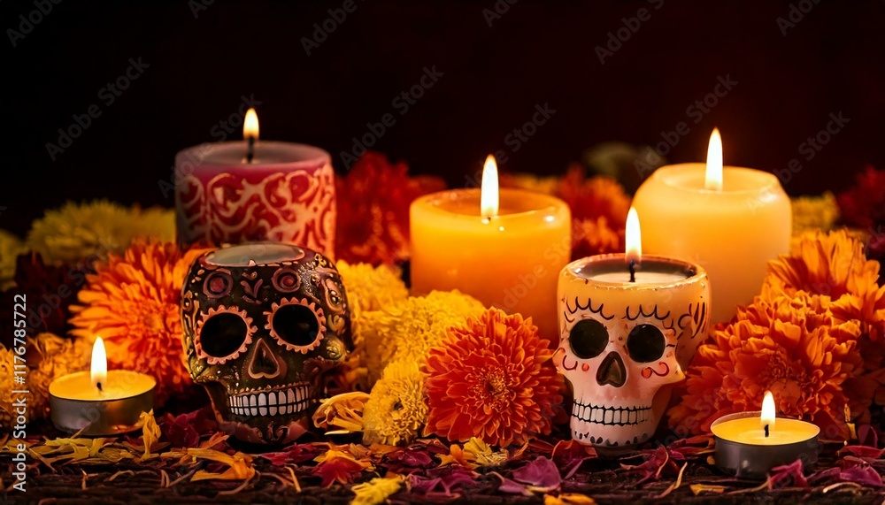 Dia de los Muertos celebration with candles, and vibrant flowers close Dia de los Muertos celebration with candles, and vibrant flowers close