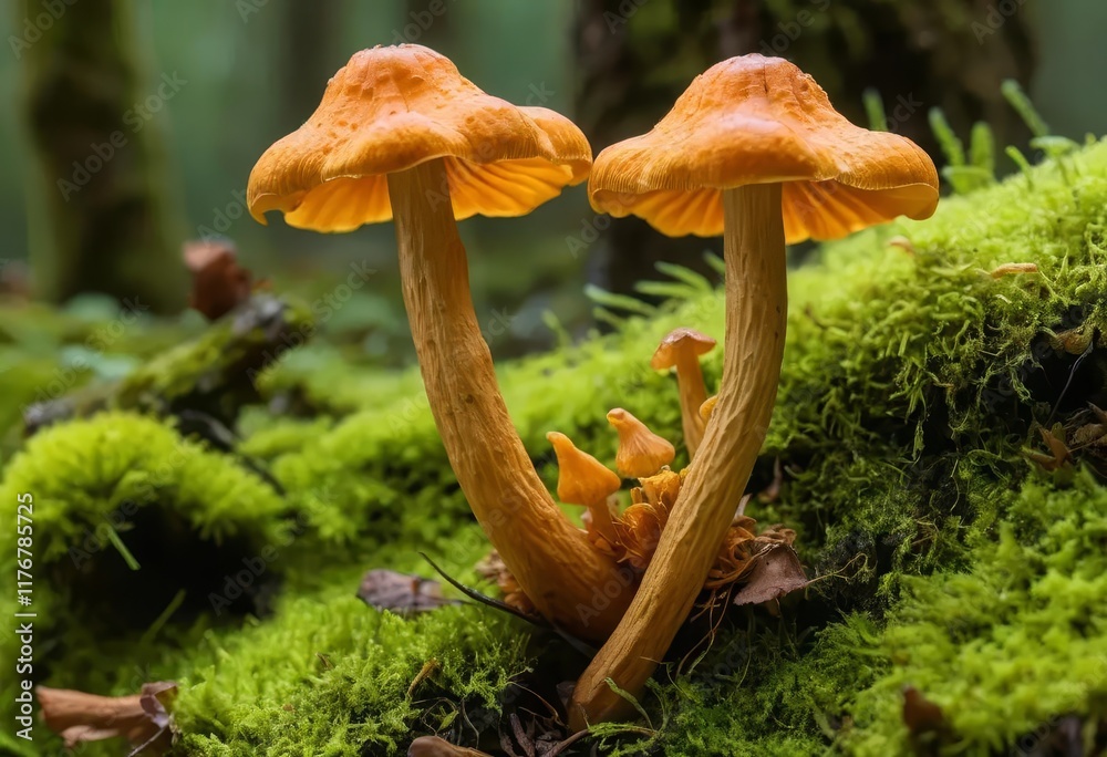 Two false chanterelle mushrooms on green moss Two false chanterelle mushrooms on green moss