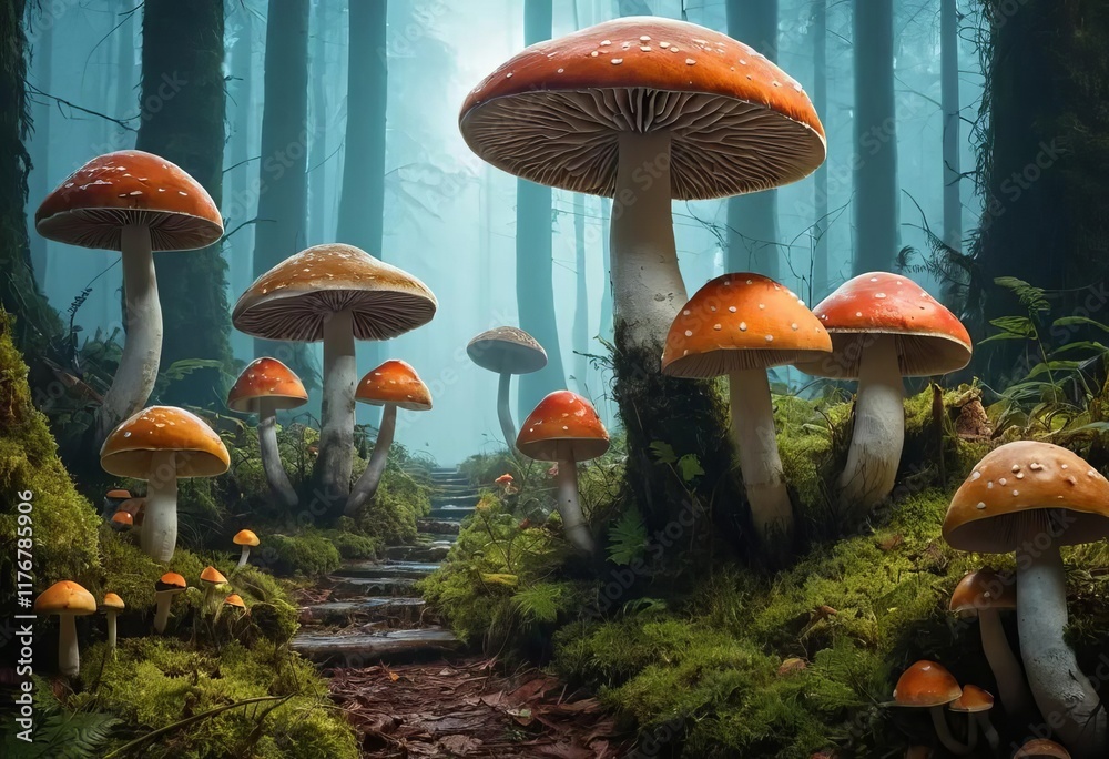 Fototapeta premium A digital illustration of a forest with giant mushrooms and a fairy flying above