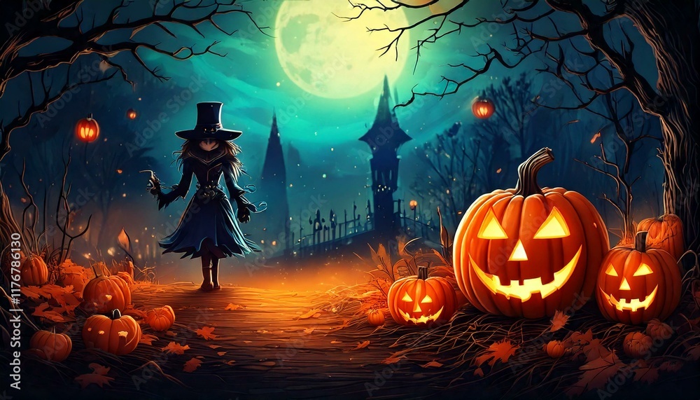 Fototapeta premium Eerie illustration of halloween day with bokeh and blur