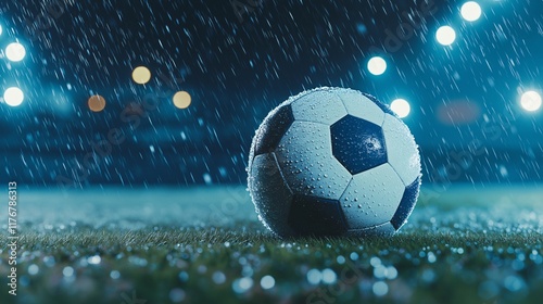 Close up of a soccer ball in the center of the stadium in the rain