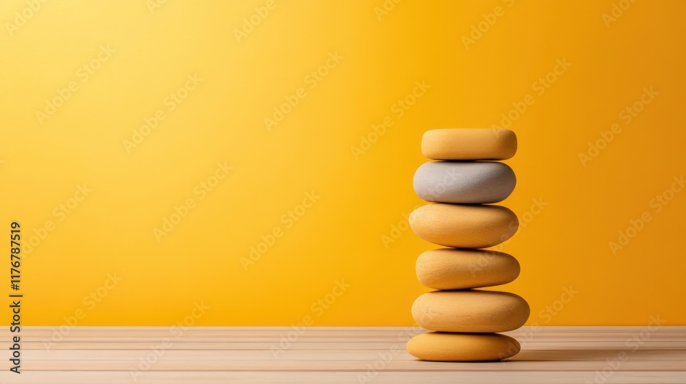 Stacked Smooth Stones in Shades of Yellow and Gray Against a Warm Yellow Background Stacked Smooth Stones in Shades of Yellow and Gray Against a Warm Yellow Background