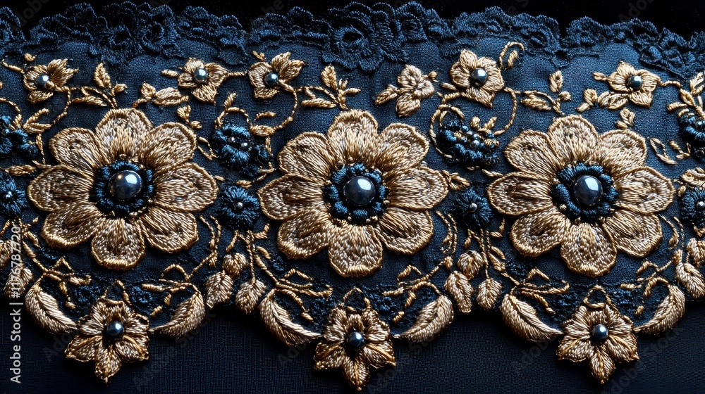 Close-up of intricate gold and dark blue embroidered floral fabric with pearls.