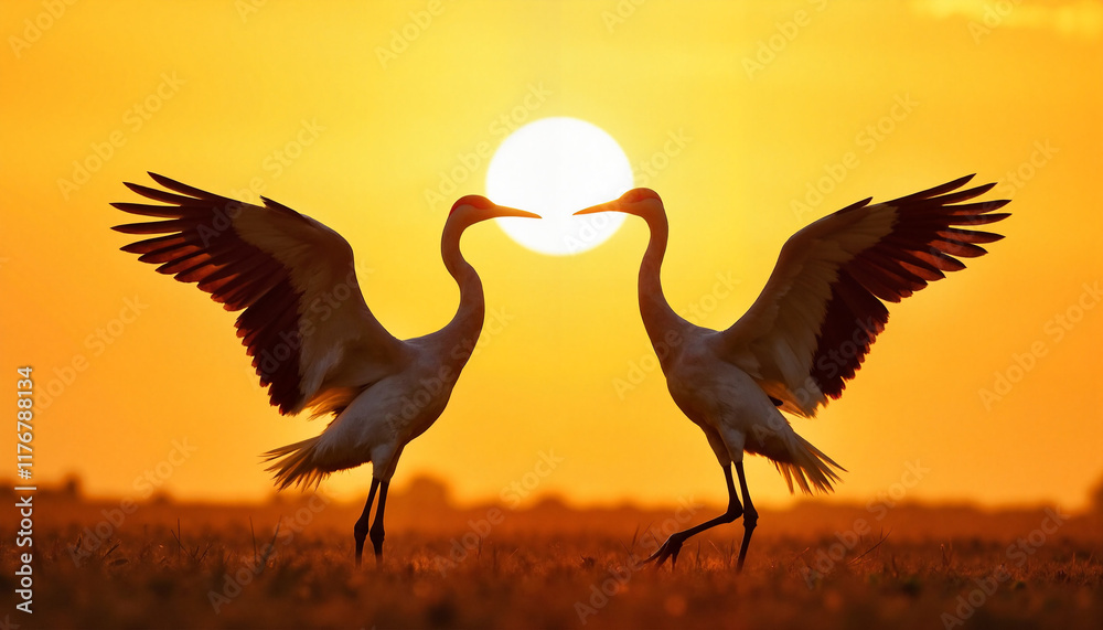 Fototapeta premium Majestic cranes synchronizing movements at sunset, beauty in nature