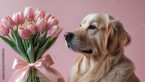 Golden retriever holds pink tulips with bows in front of a soft pink background during springtime photo