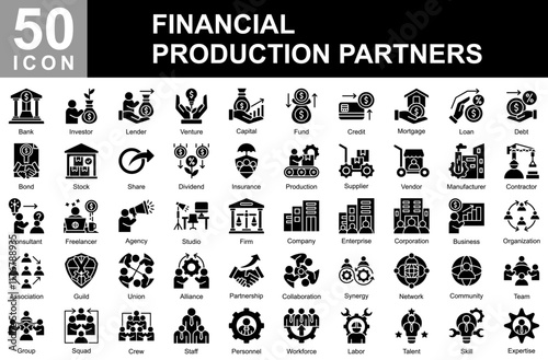  Financial Production Partners icon collection. Symple Concept Glyph icon sheet.