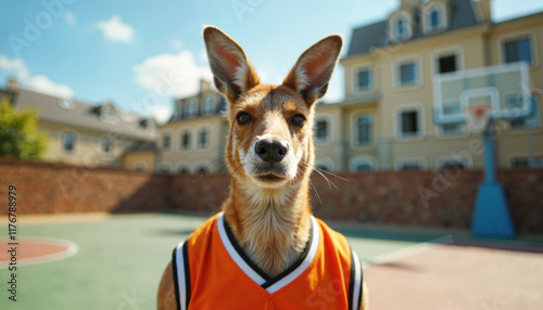 Kangaroo wearing sports jersey on urban basketball court, playful spirit photo