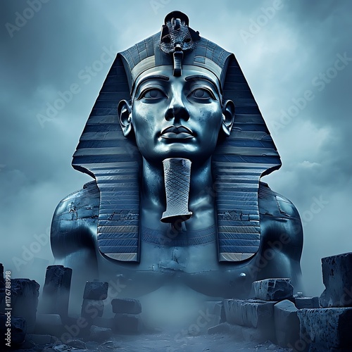 Majestic Pharaoh Ramesses II Statue in Mystical Fog Mobile Wallpaper photo