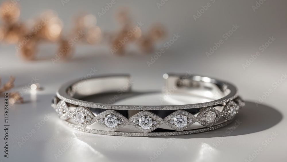 Elegant silver bracelet adorned with intricate diamond design Elegant silver bracelet adorned with intricate diamond design