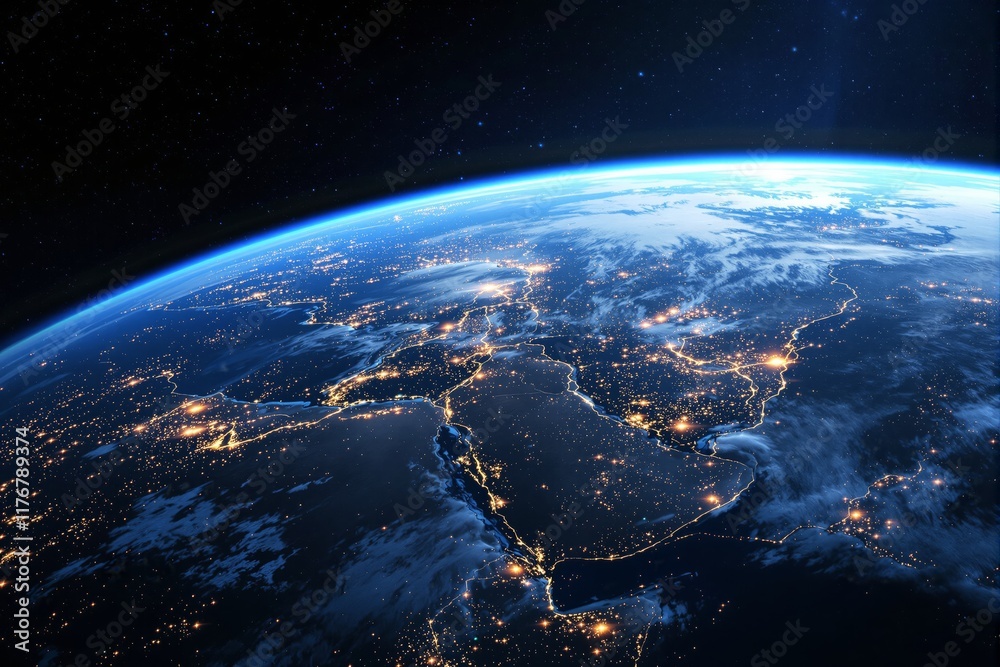 Obraz premium View of Earth from space showing illuminated cities, glowing continents, and vibrant lights against a starry background. Concept of global connectivity. Ai generative