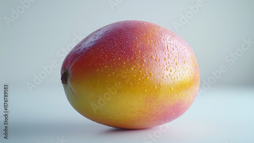 Vibrant mango with droplets on a light background photo