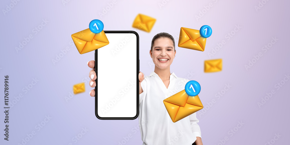 Woman holding smartphone with blank screen surrounded by incomin Woman holding smartphone with blank screen surrounded by incomin