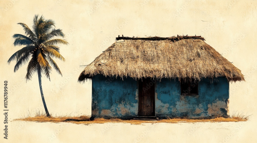 Rustic thatched-roof hut beside a palm tree. Rustic thatched-roof hut beside a palm tree.