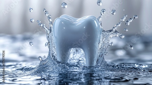 Crystal clear tooth surrounded by splashing water droplets for dental health concept photo