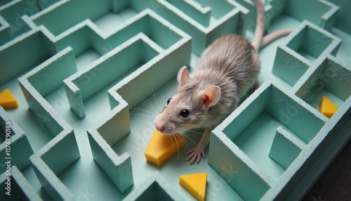 Playful rat exploring maze with cheese, indoor adventure