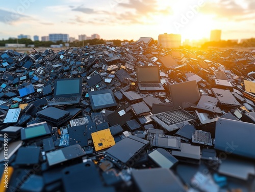 Massive pile of discarded laptops and computer parts at sunset, highlighting the issue of e-waste and technological obsolescence. photo